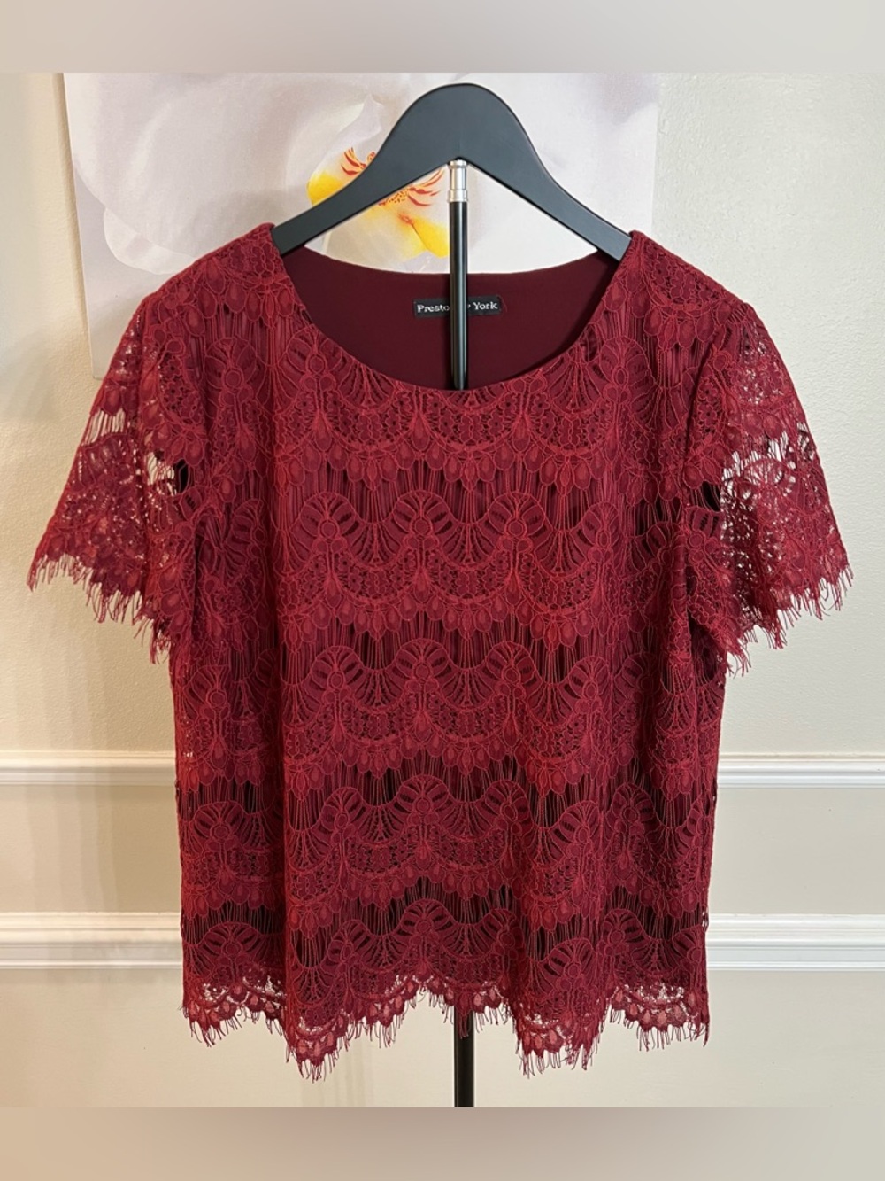Preston & York Women's Lace and Eyelash Trim Short Sleeve Top! Size Medium.